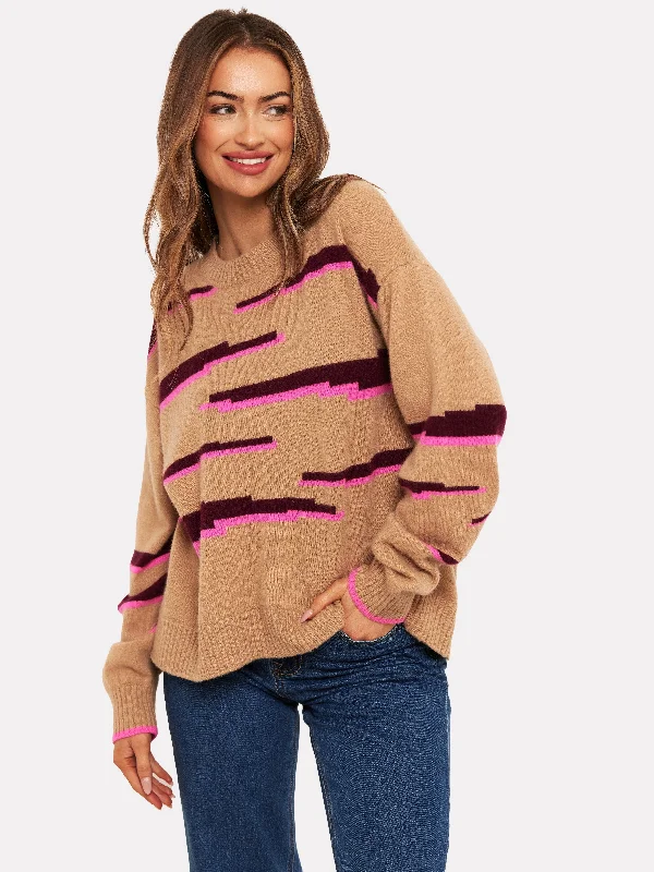 Brodie Glitch Zebra Cashmere Crew - Camel/Sangria/Diva Pink