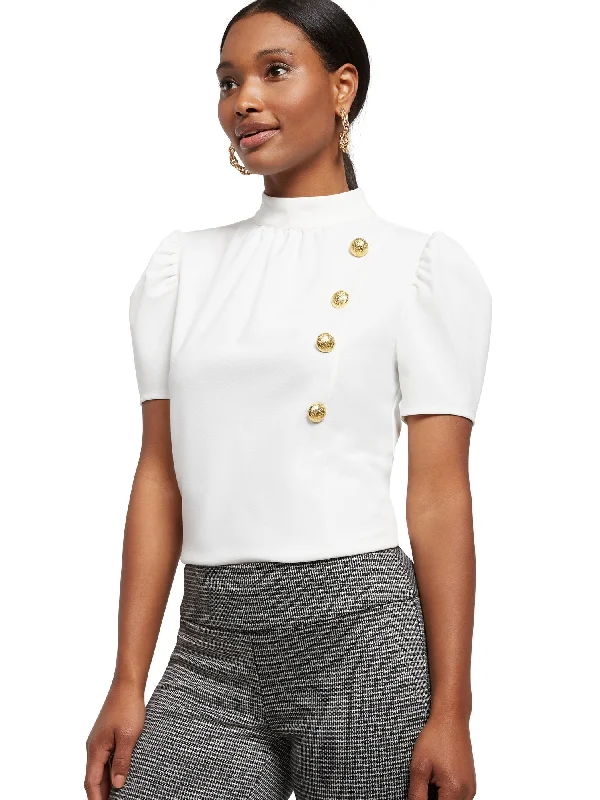 Button-Accent Mock-Neck Top