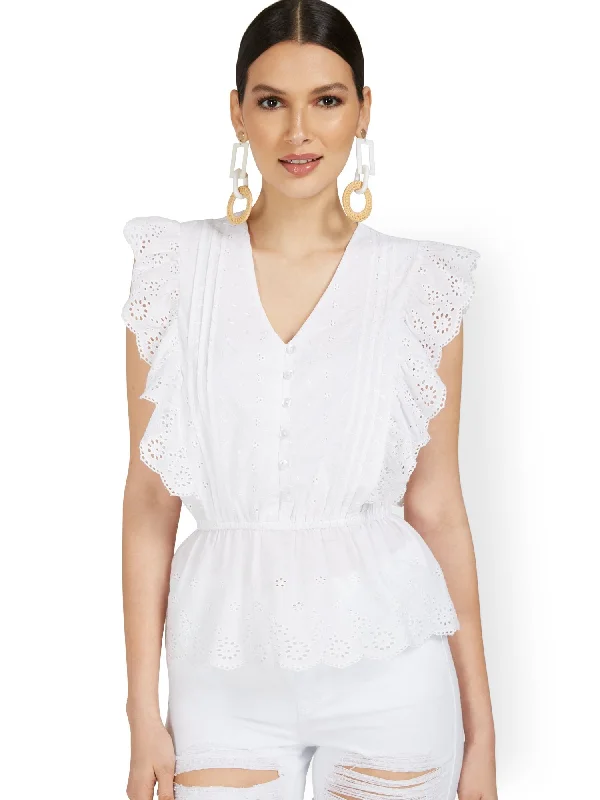 Button-Front Eyelet V-Neck Ruffle Top