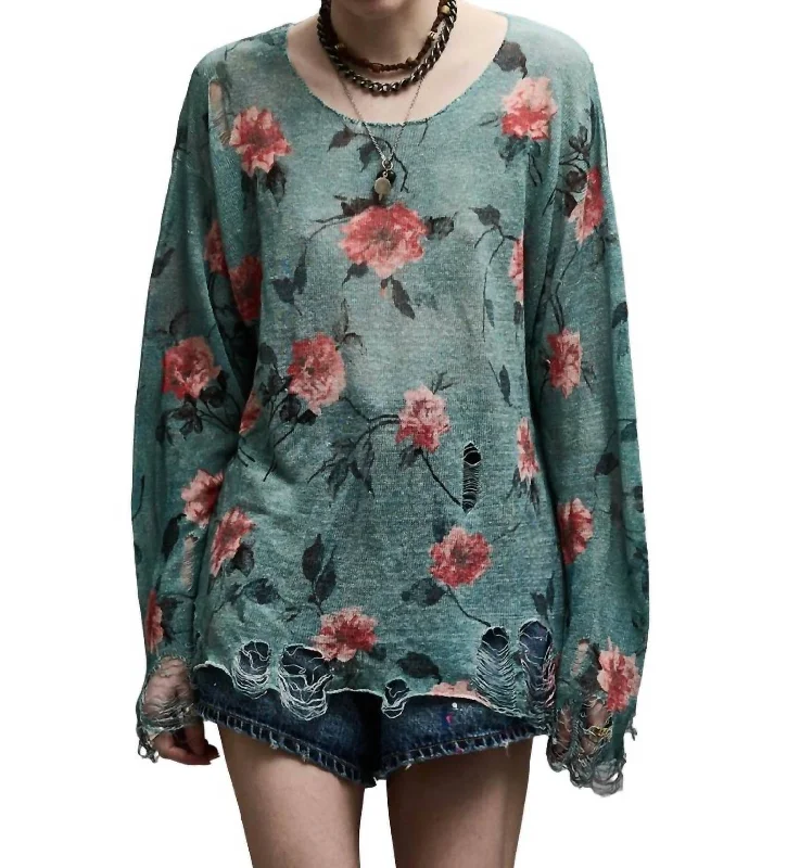 Cast Off Neck Boyfriend Sweater In Blue Floral