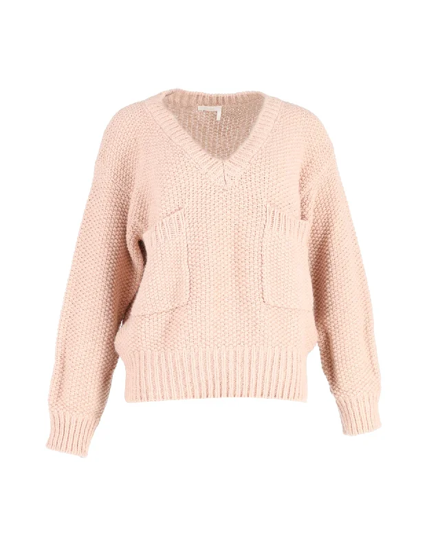 Chloé Oversized Chunky V-Neck Sweater in Peach Wool