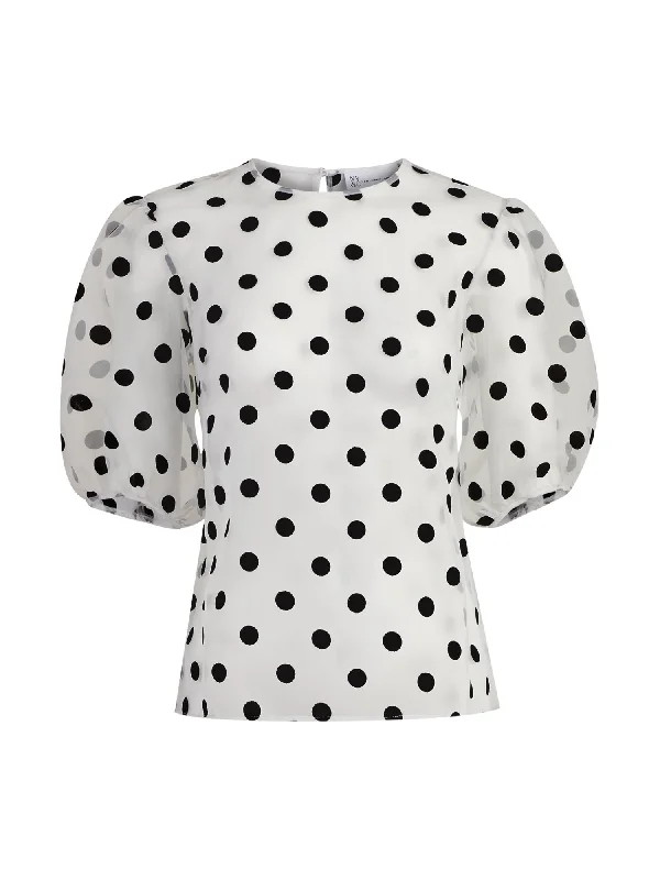 Dot-Print Organza Puff-Sleeve Top