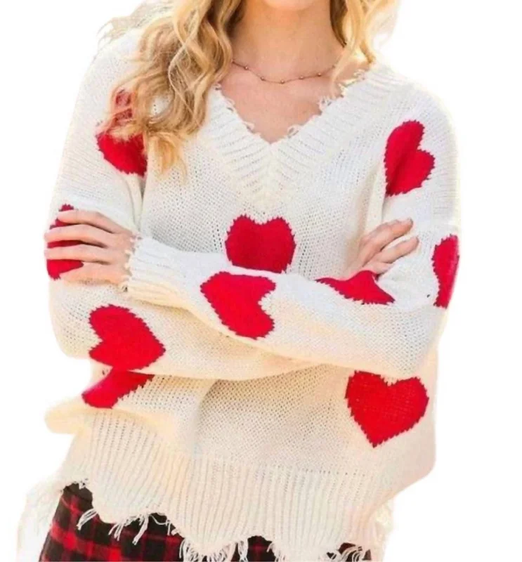 Heart Distressed Sweater In Off White