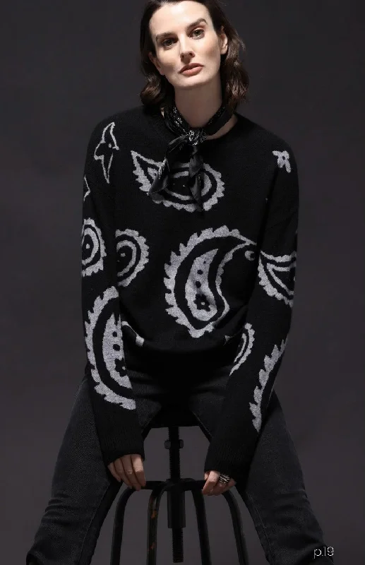 Minnie Rose Cashmere Paisley Intarsia Sweater - Black/Grey Shadow