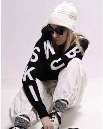 Minnie Rose Cashmere Ski Bum Cable Crew - Black/White