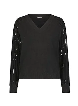 Minnie Rose Cashmere V Neck with Sequin Sleeves - Black