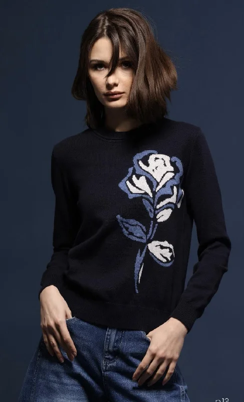 Minnie Rose Cotton Cashmere Rose Intarsia Sweater - Navy