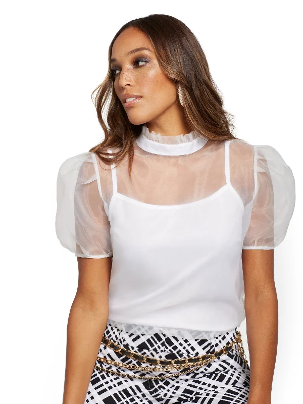 Mock-Neck Organza Puff-Sleeve Top