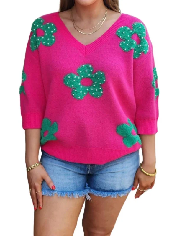 Pearl Beads Flowers Sweater Top In Fuchsia/jade