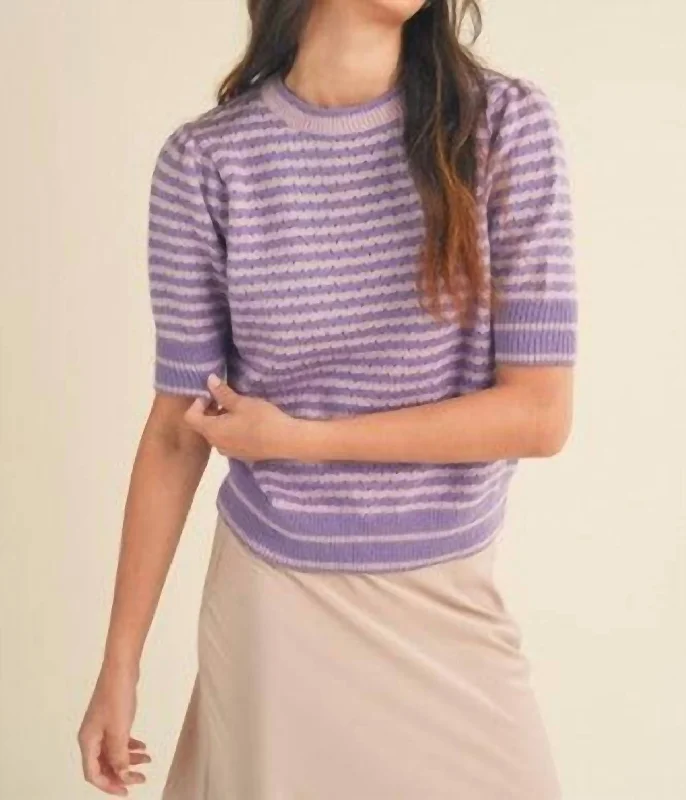 Striped Pointelle Puff Sleeve Sweater In Pink & Lavender