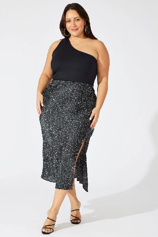 Black Polka Dot Satin Slip Skirt With Split