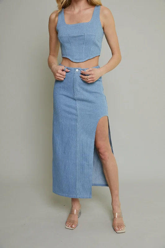 Georgia Striped Denim High Slit Skirt