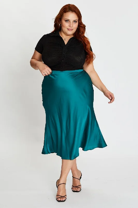 Green Midi Satin Skirt Elastic Waist