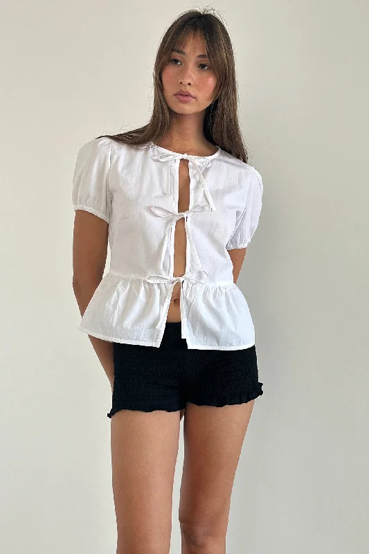 Scandi Puff Sleeve Tie Front Top White