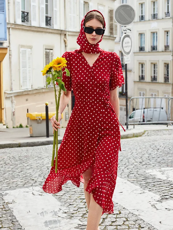 10 Momme Mulberry Silk Polka Dots Print Wrapped Ruffle Women Midi Dress