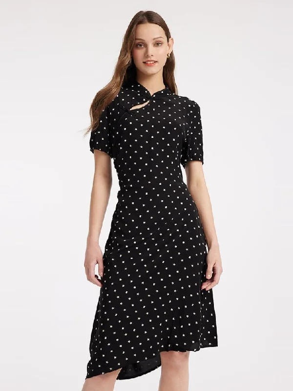 Star Print Asymmetric Hem Cheongsam Qipao Midi Dress