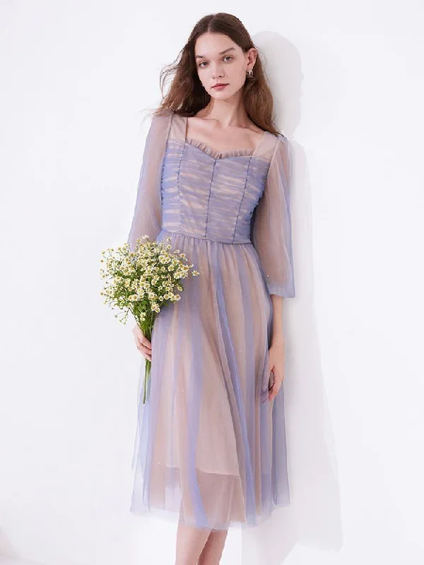 Purple Mesh Layers See-Through Midi Dress