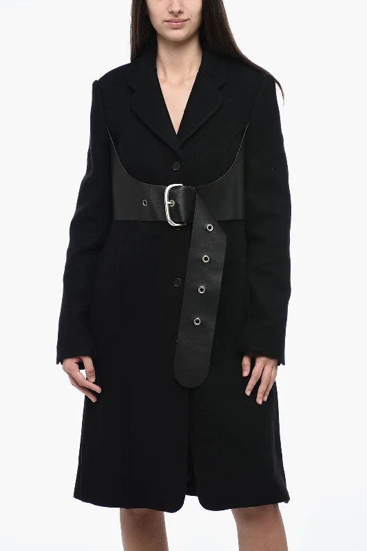 Off-White Wool Blended Flared Coat with Leather Belt