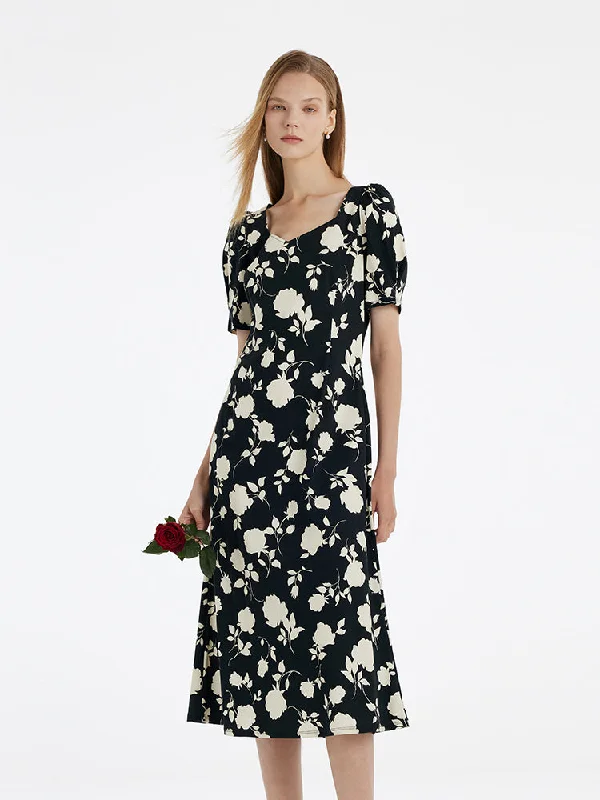 Rose Print Square Neck Women Midi Dress