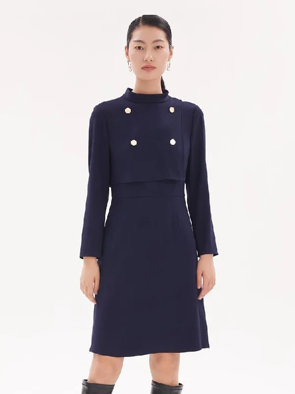 Triacetate Stand Collar Gathered Waist Midi Dress