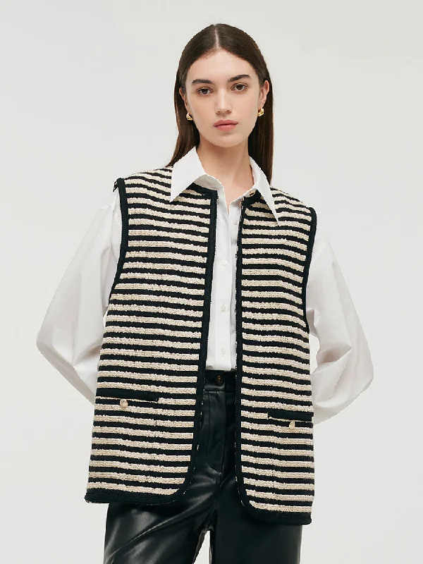 Wool Blend Tweed Black And White Stripe Women Vest