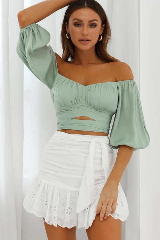 Linka Off-Shoulder Half Sleeve Tie-Back Crop Top Pistachio