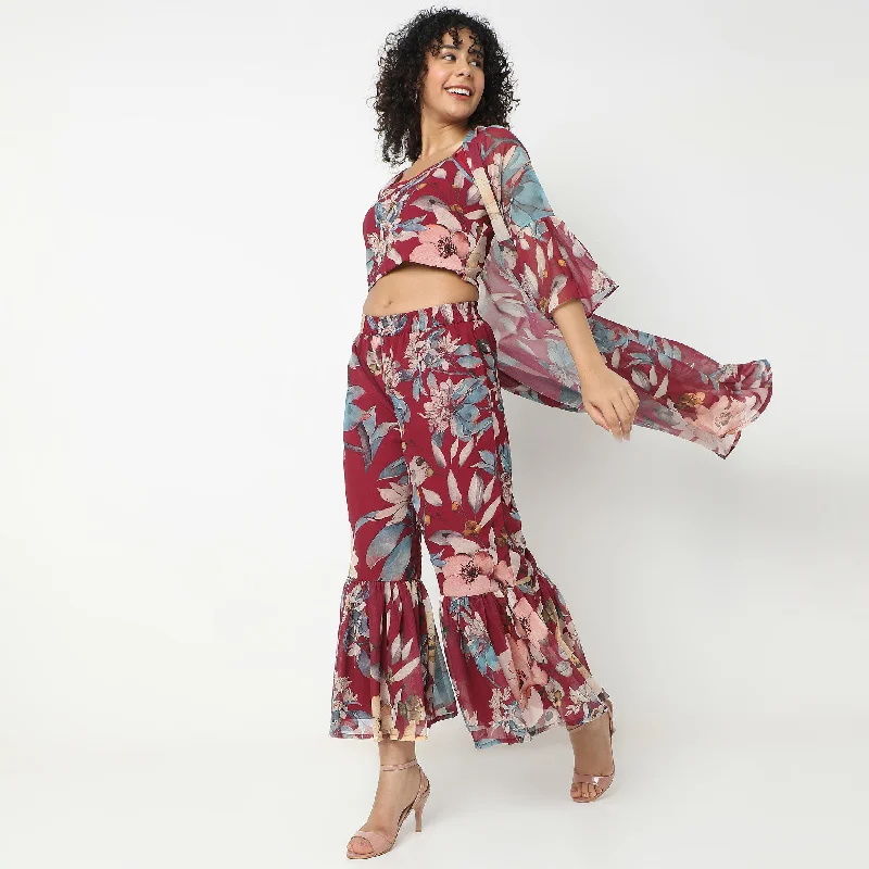 Straight Fit Printed Top with Palazzo & with Cape Set