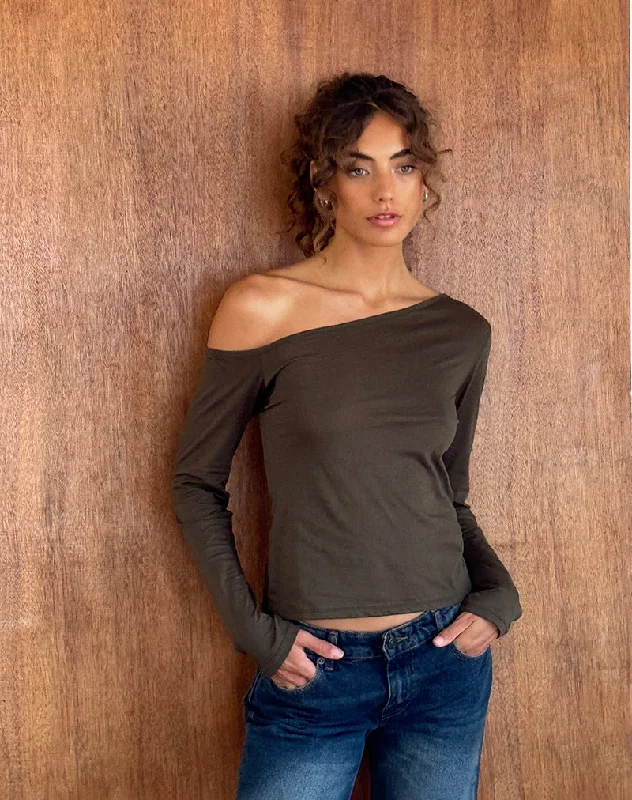 Ledez Asymmetrical Slouchy Top in Olive Tissue Jersey