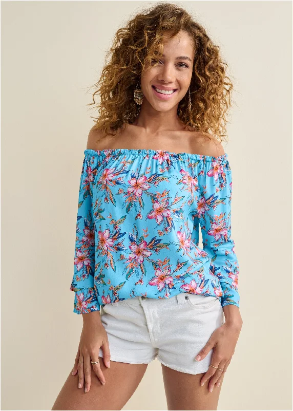 Off-The-Shoulder Printed Top - Blue Multi