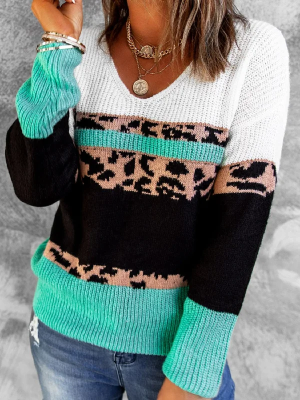 Leopard Color Block V-Neck Rib-Knit Sweater