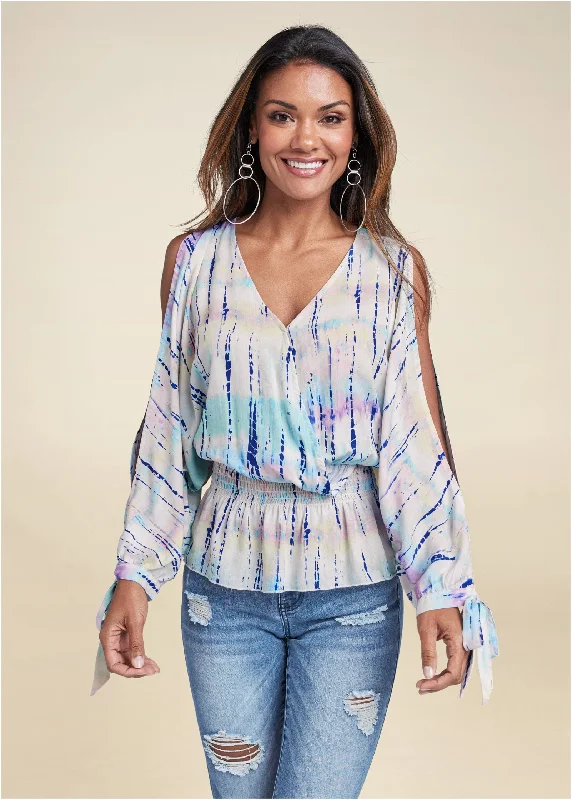 Tie Dye Cold-Shoulder Top - Cream Multi