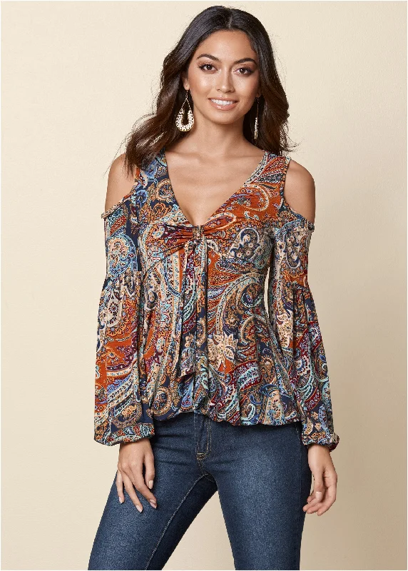 Cold-Shoulder Paisley Top - Orange Multi