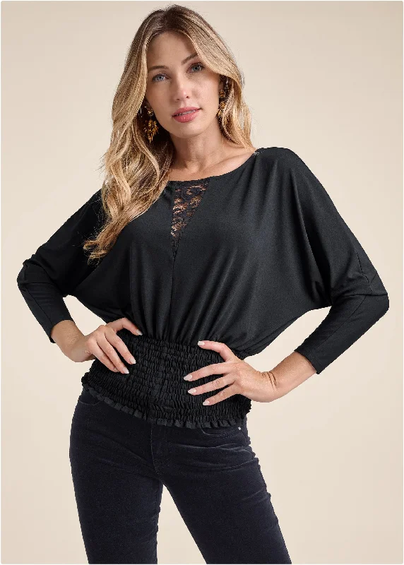 Smocked Waist Blouson Top - Black