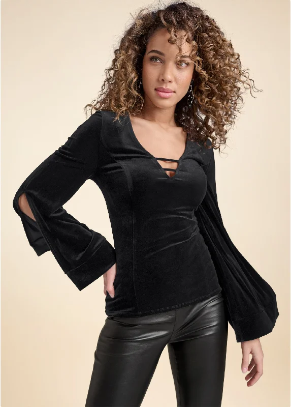 Strappy V-Neck Velvet Top - Black