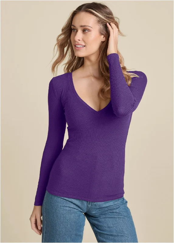 Ribbed Long Sleeve V-Neck - Dark Purple